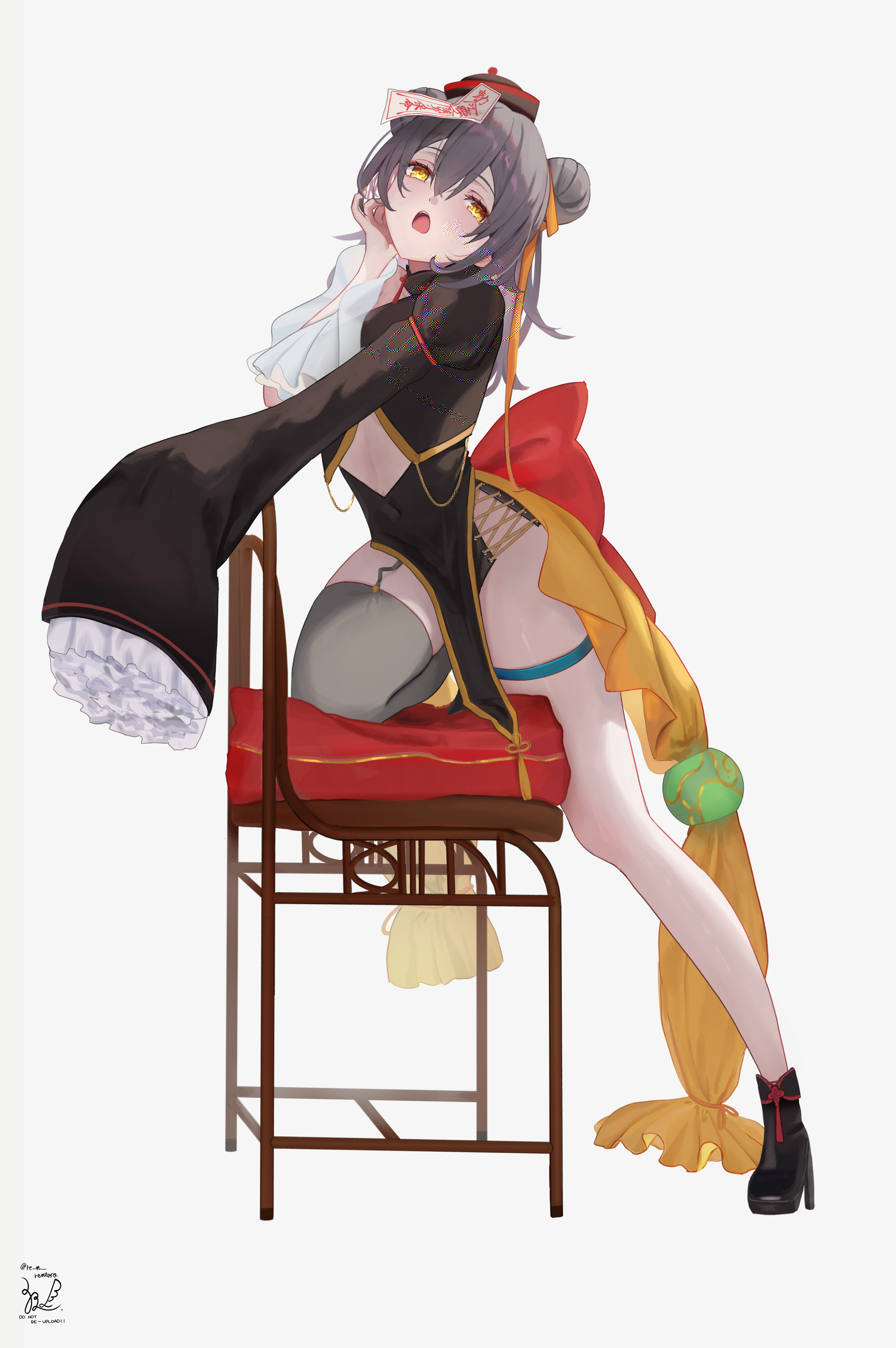 sazanami (re n rentaro), stelle (honkai: star rail), trailblazer (honkai: star rail), honkai: star rail, honkai (series), absurdres, commentary request, highres, 1girl, alternate costume, alternate hairstyle, black shoes, brown shrug, chair, grey hair, hat, high heels, jiangshi, jiangshi costume, long hair, ofuda, ofuda on head, on chair, open mouth, pelvic curtain, qingdai guanmao, revealing clothes, shoes, shrug (clothing), simple background, single thighhigh, sleeves past fingers, sleeves past wrists, solo, thighhighs, thighs, white background, yellow eyes