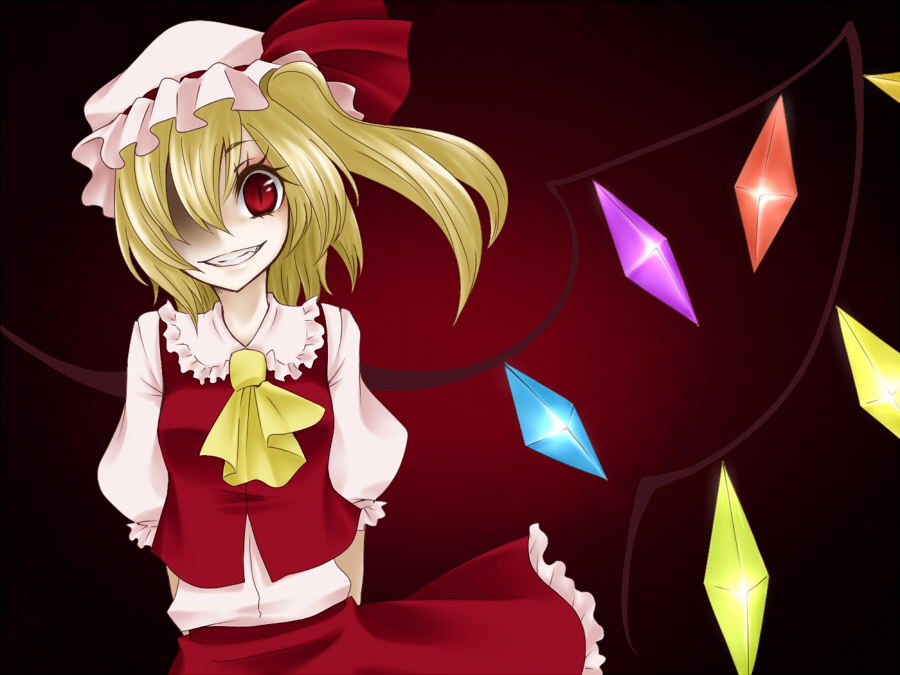 shimizu kokeshi, flandre scarlet, embodiment of scarlet devil, touhou, 1girl, blonde hair, female focus, grin, hair over one eye, hat, looking at viewer, mob cap, ponytail, red eyes, shaded face, short hair, side ponytail, slit pupils, smile, solo, white hat, wings