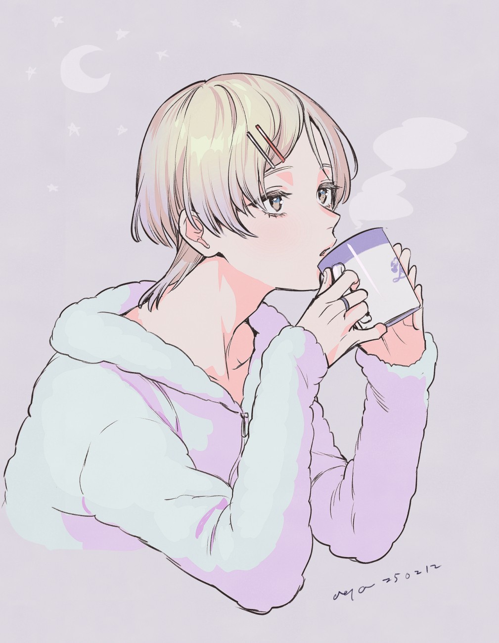 akua, kisaragi louis, pretty rhythm, pretty series, commentary request, highres, 1boy, androgynous, blonde hair, cup, dated, fur jacket, hair ornament, hairclip, hands up, holding, holding cup, hood, hood down, hooded jacket, jacket, king of prism, long sleeves, male focus, mug, parallel hairclips, short hair, solo, steam, upper body, white jacket, yellow eyes
