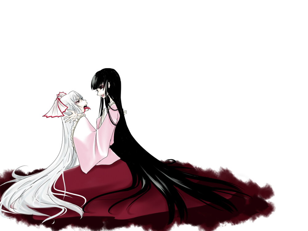 shimizu kokeshi, fujiwara no mokou, houraisan kaguya, touhou, silver hair, black hair, blood, bow, female focus, guro, long hair, red eyes, severed head, tongue, very long hair