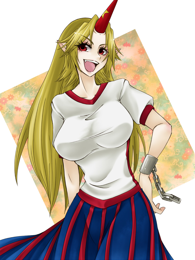 shimizu kokeshi, hoshiguma yuugi, touhou, 1girl, blonde hair, breasts, cuffs, fang, female focus, handcuffs, horns, large breasts, long hair, open mouth, pointy ears, red eyes, single horn, solo