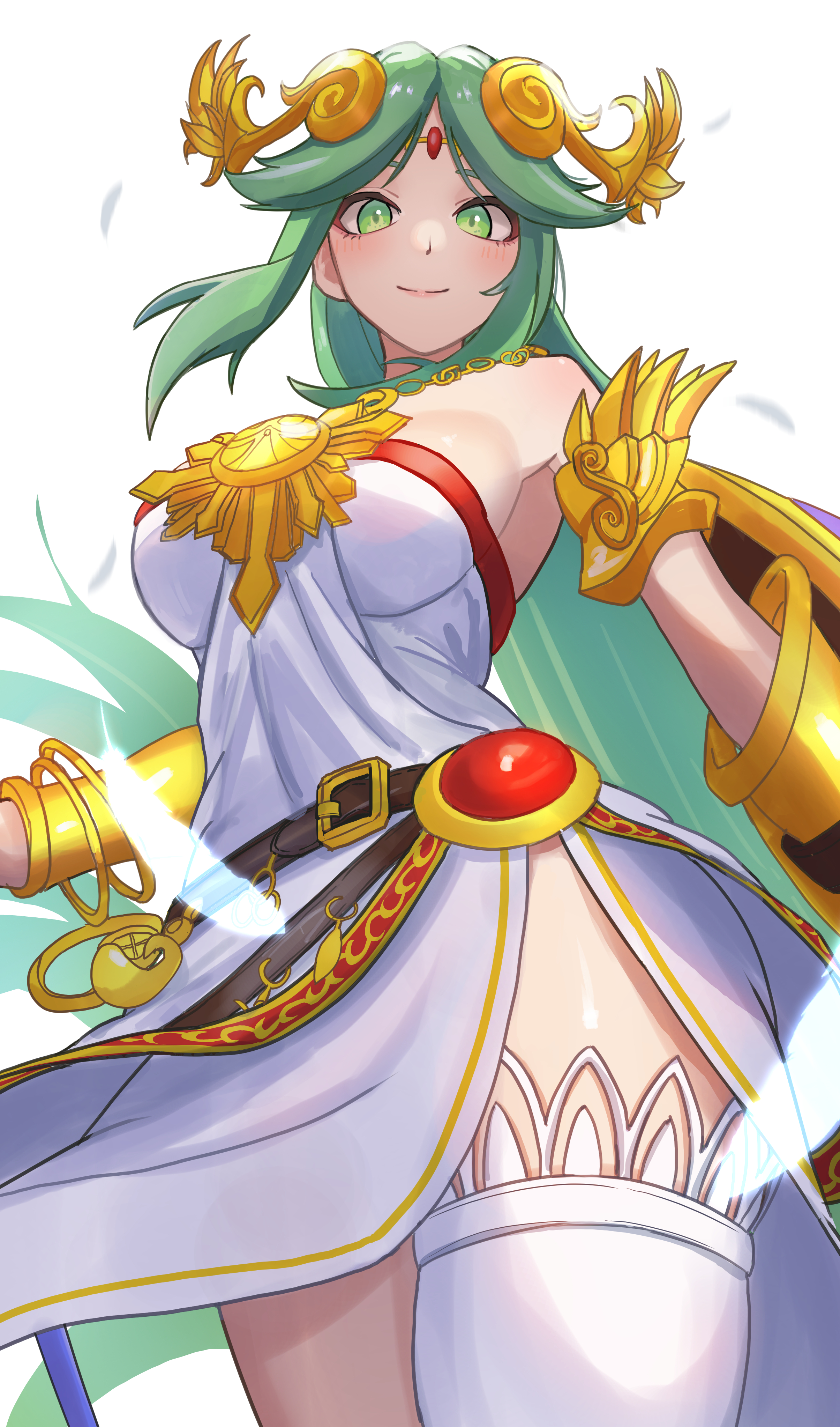 amausa subee, palutena, kid icarus, kid icarus uprising, nintendo, absurdres, commentary request, highres, 1girl, ancient greek clothes, armlet, bare shoulders, blush, breasts, chain, chiton, circlet, closed mouth, dress, feathers, forehead jewel, gold chain, greco-roman clothes, green eyes, green hair, holding, holding staff, jewelry, large breasts, laurel crown, long hair, looking at viewer, parted bangs, smile, solo, staff, thighhighs, tiara, very long hair, white thighhighs