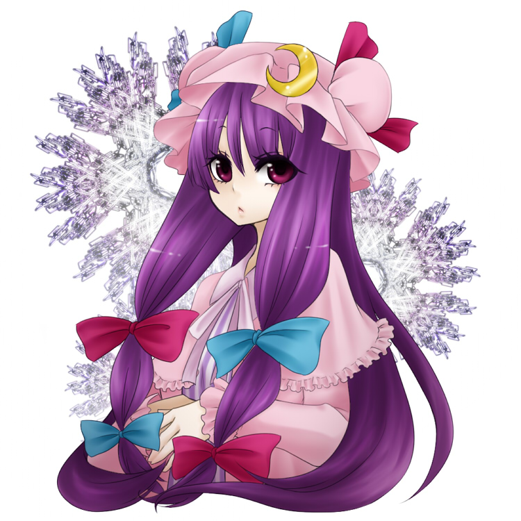 shimizu kokeshi, patchouli knowledge, touhou, colorized, 1girl, :<, crescent, female focus, hat, long hair, purple eyes, purple hair, solo