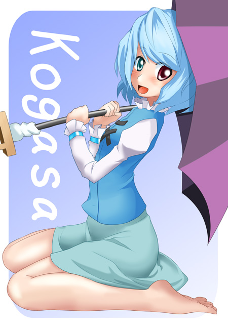kasuka, tatara kogasa, touhou, 1girl, barefoot, blue eyes, blue hair, character name, feet, female focus, heterochromia, karakasa obake, kneeling, matching hair/eyes, red eyes, short hair, solo, umbrella