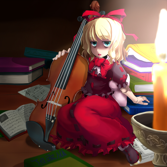 kasuka, medicine melancholy, touhou, bad id, bad pixiv id, 1girl, aqua eyes, bags under eyes, blonde hair, blue eyes, book, bow, candle, dark, doll, doll joints, female focus, foreshortening, frilled shirt, frilled skirt, frilled sleeves, frills, gothic lolita, green eyes, hair ribbon, indoors, instrument, joints, lolita fashion, looking at viewer, music sheet, musical note, open mouth, ribbon, shirt, shoes, short hair, sitting, skirt, solo, violin