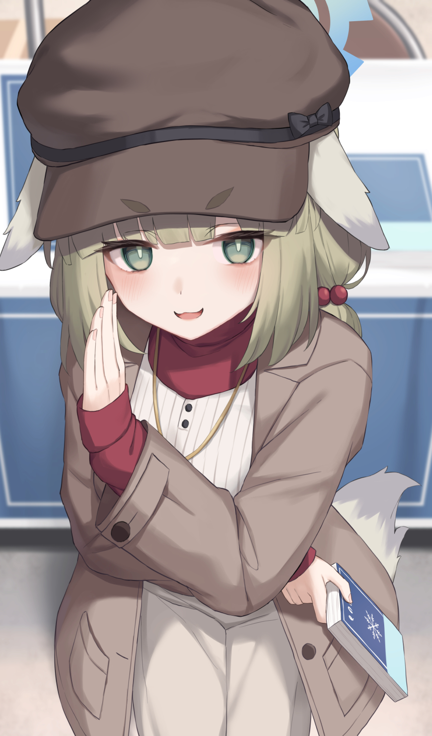 fuka kurotsuji, yakumo (blue archive), blue archive, commentary, highres, 1girl, animal ears, blue halo, blush, brown coat, brown hat, brown pants, coat, green eyes, green hair, hair bobbles, hair ornament, halo, hat, looking at viewer, open mouth, pants, short twintails, smile, solo, tail, twintails