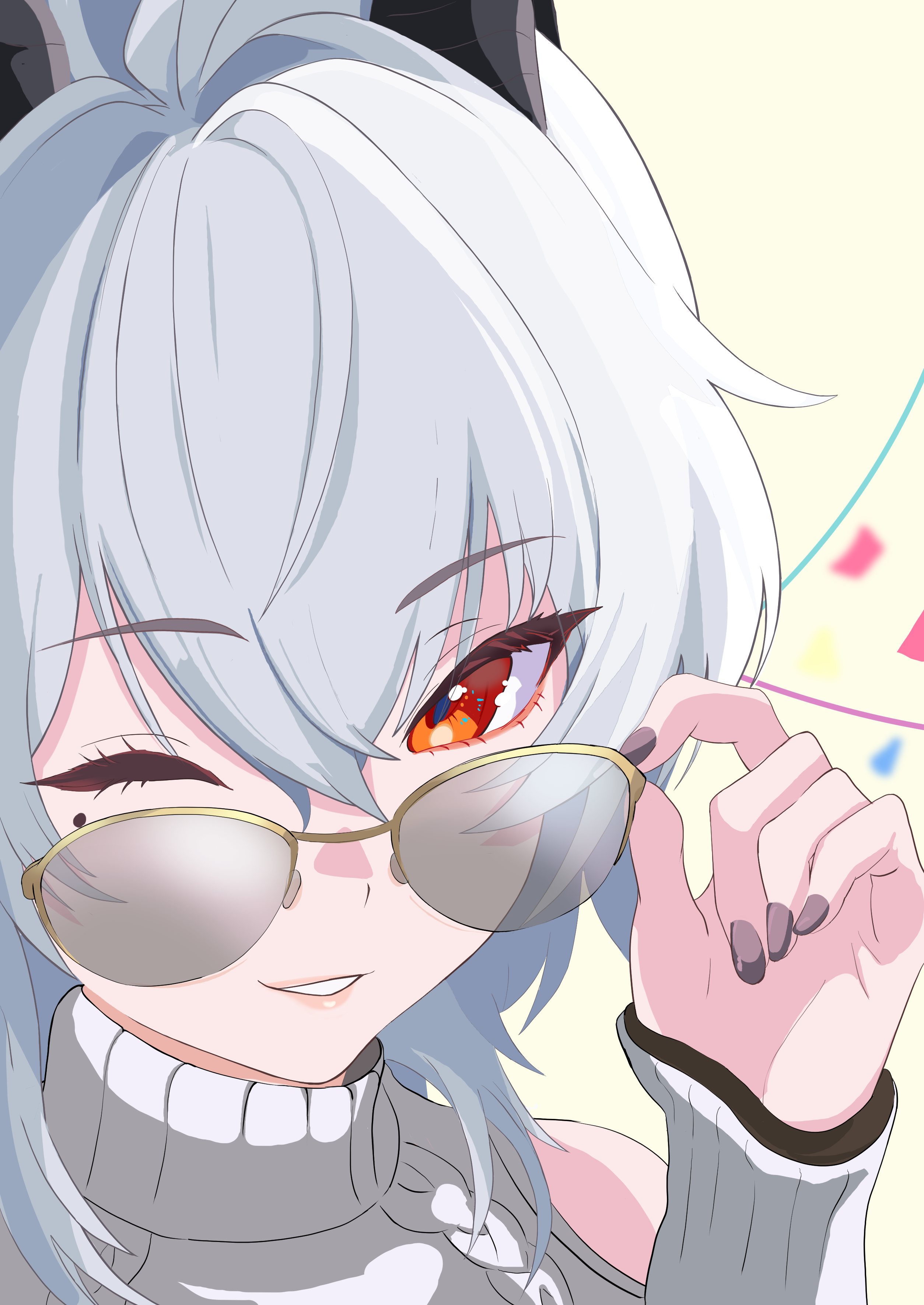 uduki saboten, zani (downtown repose) (wuthering waves), zani (wuthering waves), wuthering waves, absurdres, commentary request, highres, adjusting eyewear, black nails, fingernails, grey hair, hair between eyes, long hair, looking at viewer, mole, mole under eye, nail polish, official alternate costume, one eye closed, orange eyes, parted lips, portrait, smile, sunglasses