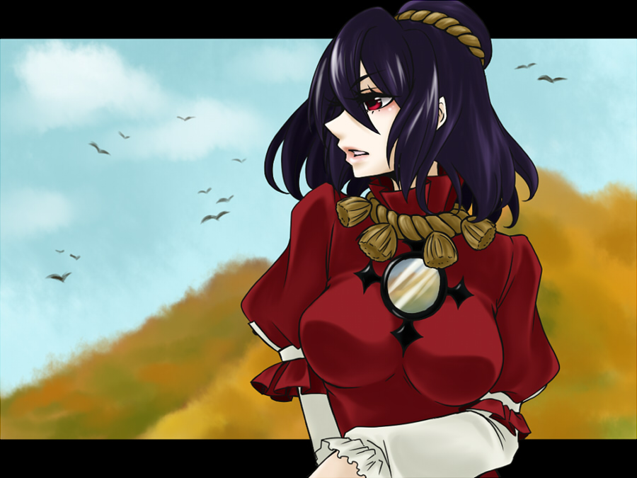 shimizu kokeshi, yasaka kanako, touhou, 1girl, female focus, hairband, letterboxed, mirror, purple hair, red eyes, rope, short hair, solo