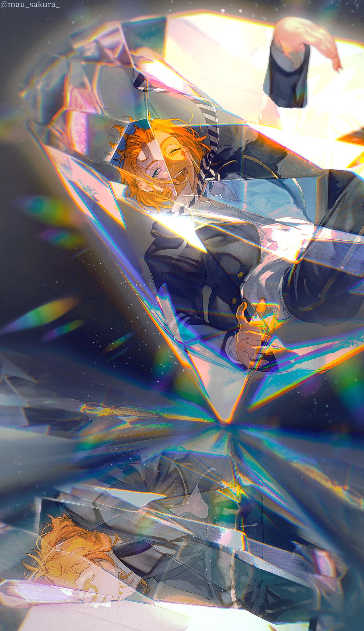 mau sakura, cater diamond, twisted wonderland, commentary request, highres, 1boy, black jacket, black pants, broken glass, chromatic aberration, closed eyes, collared shirt, covering own eyes, crack, cracked glass, diamond (gemstone), different reflection, facial mark, formal clothes, gem, glass, glass shards, green eyes, hand up, hands on own face, jacket, kneeling, light particles, long sleeves, looking at viewer, lying, male focus, necktie, on back, one eye closed, open clothes, open jacket, open mouth, orange hair, pants, reflection, reflection focus, school uniform, shirt, short hair, smile, solo, sparkle, striped necktie, twitter username, white shirt