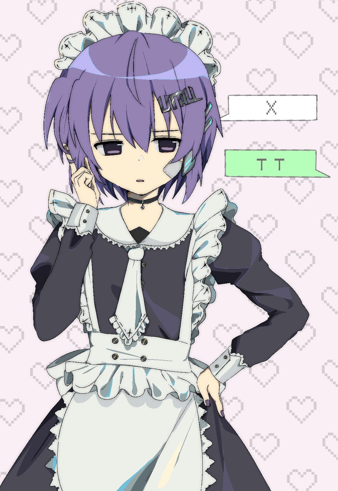 utane uta, utau, commentary, english commentary, highres, 1girl, 2000s (style), apron, black choker, black dress, choker, dress, frilled apron, frilled hairband, frilled necktie, frills, hair ornament, hairband, hand on own hip, heart, heart background, maid, maid headdress, necktie, open mouth, pink background, purple eyes, purple hair, purple nails, short hair, simple background, solo, speech bubble, t t, unamused, upper body, uuuuua07, white necktie, x (symbol)
