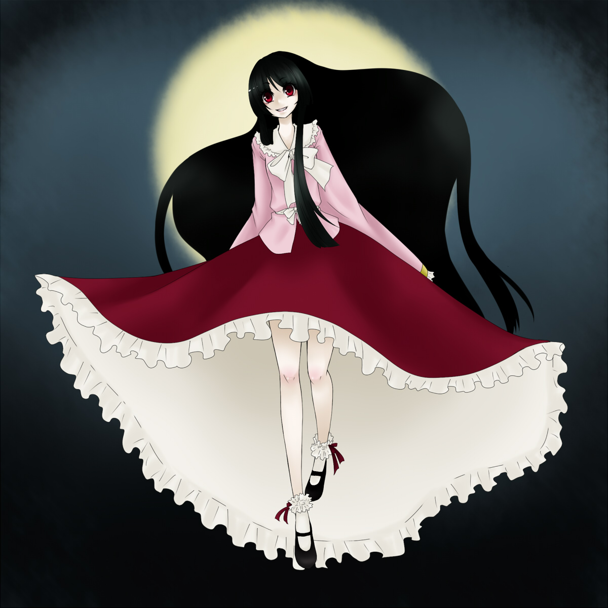 shimizu kokeshi, houraisan kaguya, touhou, highres, 1girl, black hair, female focus, long hair, mary janes, moon, red eyes, shoes, solo