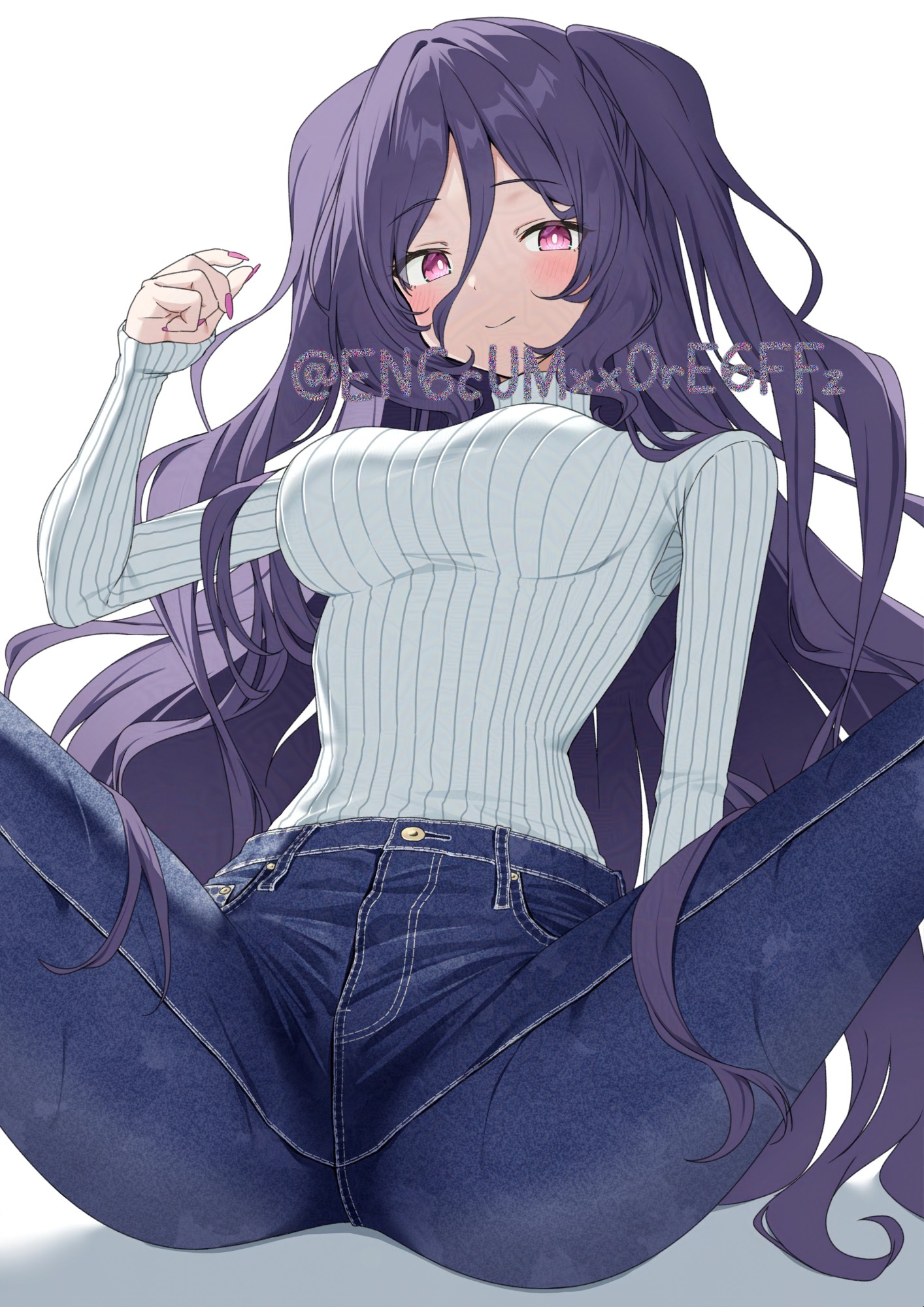 yamano rokamizu, purple-haired girl (yamano rokamizu), original, adversarial noise, commentary, highres, 1girl, arm behind leg, blue pants, bluesky username, blush, breasts, bright pupils, casual, closed mouth, curled fingers, denim, fingernails, hair between eyes, hair intakes, hand up, jeans, long fingernails, long hair, long hair between eyes, looking at viewer, medium breasts, nail polish, on floor, pants, pink eyes, pink nails, purple hair, ribbed sweater, simple background, sleeves past wrists, smile, solo, spread legs, sweater, sweater tucked in, turtleneck, turtleneck sweater, two side up, very long hair, white background, white pupils, white sweater