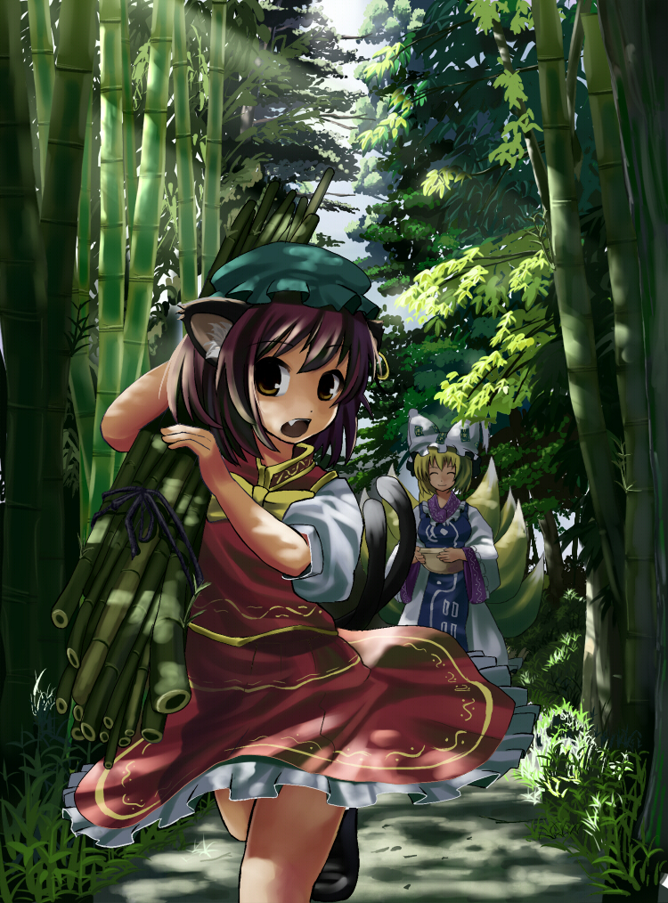 hidebo, chen, yakumo ran, touhou, bad id, bad pixiv id, 2girls, animal hat, bamboo, bamboo forest, blonde hair, brown eyes, brown hair, closed eyes, fang, female focus, forest, hat, holding, long sleeves, mob cap, multiple girls, nature, open mouth, outdoors, puffy short sleeves, puffy sleeves, short hair, short sleeves, sunlight, tassel, thighs, wide sleeves