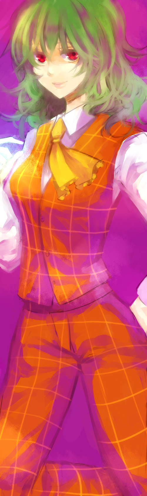 nr (cerumia), nr (cmnrr), kazami yuuka, touhou, bad id, bad pixiv id, highres, long image, tall image, 1girl, ascot, dress shirt, female focus, green hair, kneeling, lips, neckerchief, pants, plaid clothes, plaid pants, plaid vest, purple background, red eyes, shirt, short hair, smile, solo, vest