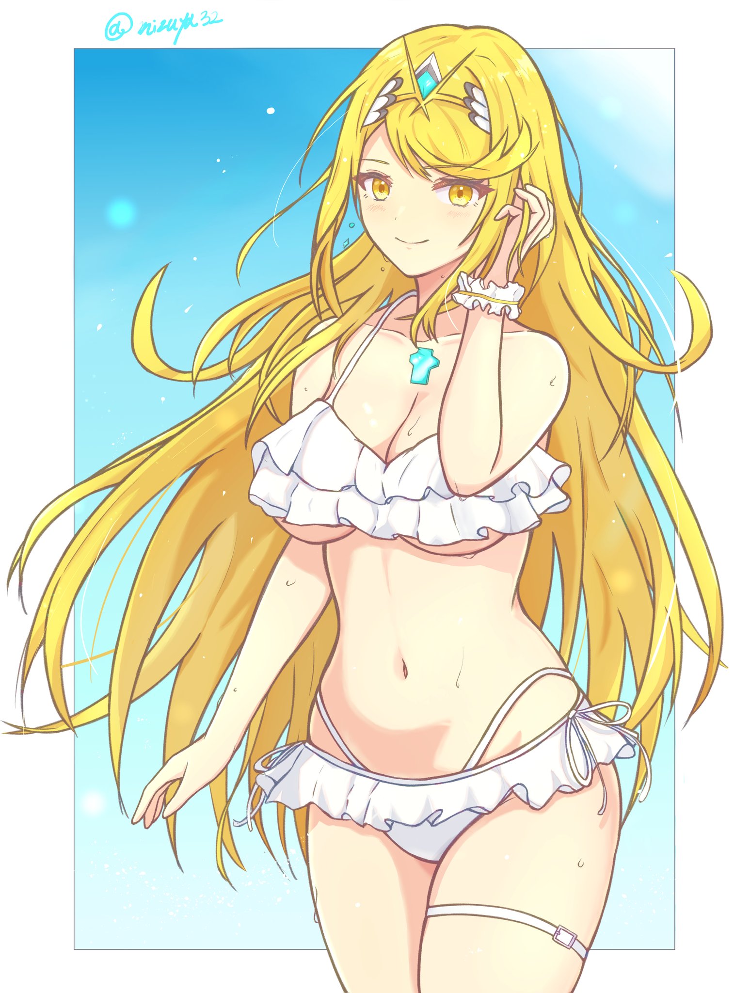 mizuya 32, mythra (xenoblade), xenoblade chronicles (series), xenoblade chronicles 2, commentary request, highres, 1girl, bikini, blonde hair, blue background, border, breasts, chest jewel, cleavage, closed mouth, collarbone, core crystal (xenoblade), cowboy shot, frilled bikini, frills, hand in own hair, long hair, looking at viewer, medium breasts, navel, outside border, scrunchie, smile, solo, stomach, swept bangs, swimsuit, thigh strap, tiara, twitter username, underboob, very long hair, white bikini, white border, white scrunchie, wrist scrunchie, yellow eyes