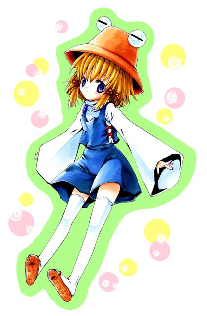 shinsui uri, moriya suwako, touhou, 1girl, blonde hair, blue eyes, female focus, full body, hat, sandals, short hair, solo, thighhighs