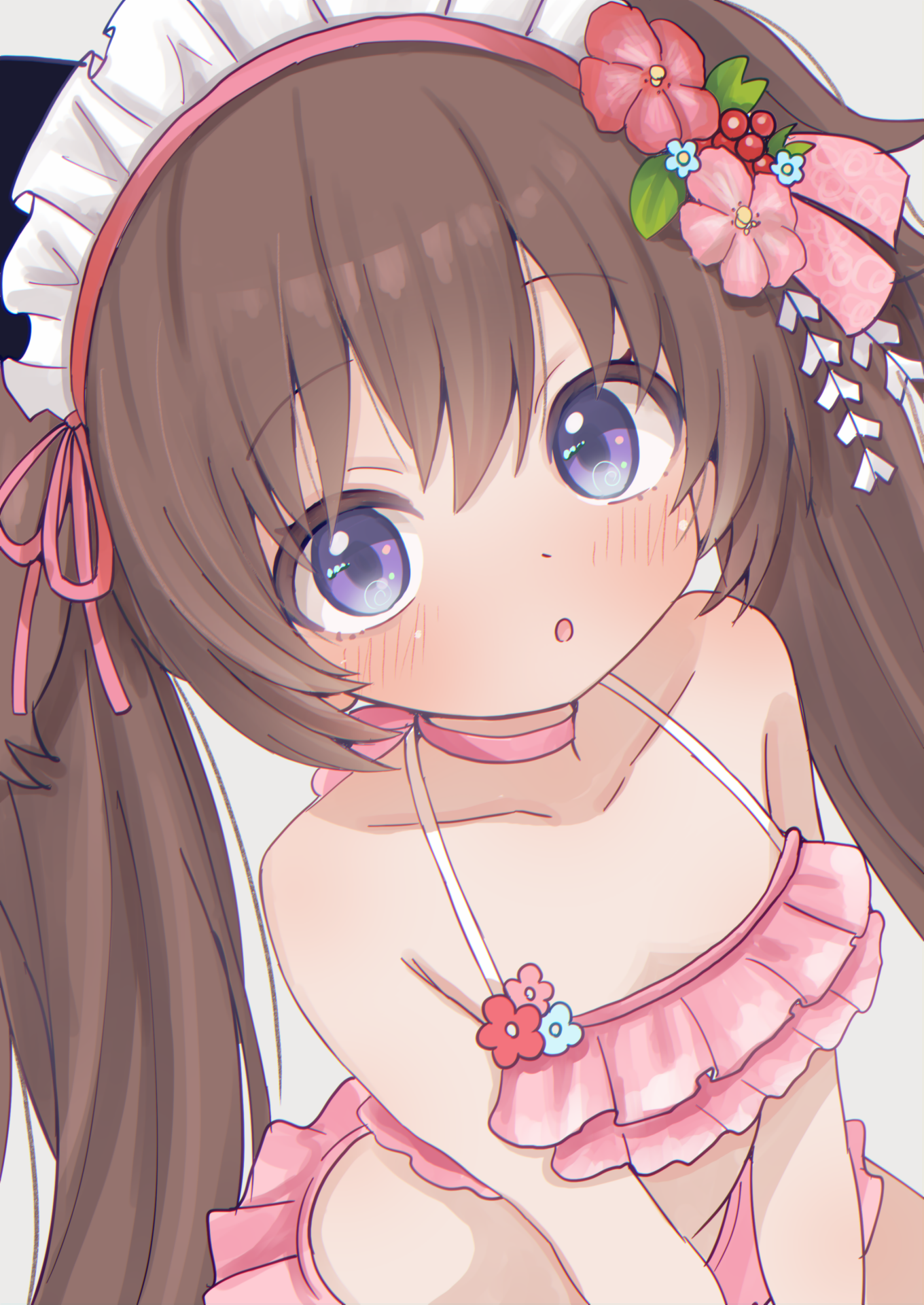 takatsurt, shizuko (blue archive), shizuko (swimsuit) (blue archive), blue archive, commentary request, highres, 1girl, bikini, breasts, brown hair, flower, frilled bikini, frills, hair flower, hair ornament, kanzashi, long hair, looking at viewer, maid headdress, official alternate costume, pink bikini, purple eyes, small breasts, solo, swimsuit, twintails