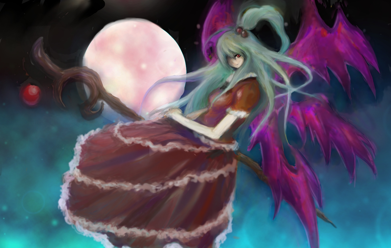 unco (f231057s), unco (pixiv457393), shinki (touhou), mystic square, touhou, touhou (pc-98), 1girl, aqua hair, female focus, hair bobbles, hair ornament, hair over one eye, long hair, moon, multiple wings, red eyes, side ponytail, solo, staff, wings