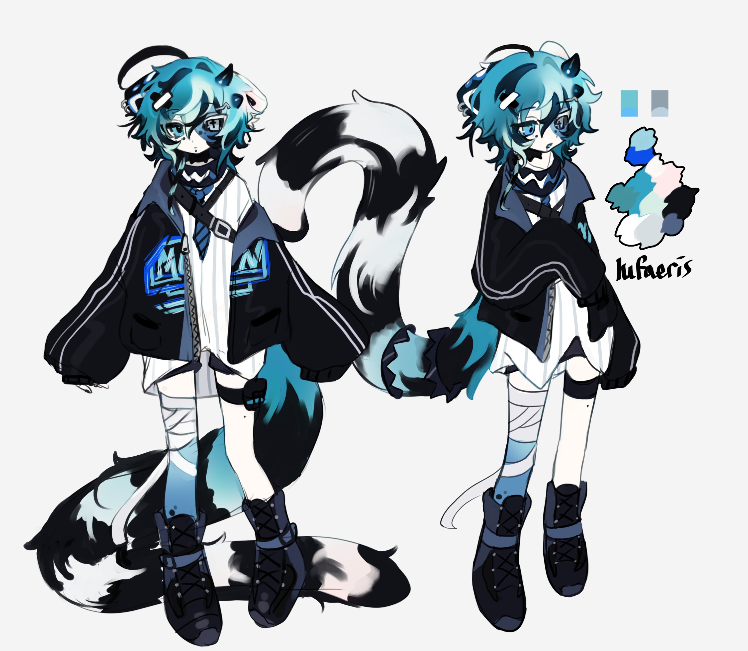 cloud (lufaeris), original, absurdres, commentary, english commentary, highres, 1boy, adoptable, animal ears, asymmetrical legwear, bandaged leg, bandages, black boots, black jacket, boots, closed mouth, color guide, full body, hair between eyes, horns, jacket, long sleeves, looking at viewer, male focus, mismatched legwear, multiple views, open clothes, open jacket, open mouth, shirt, short hair, simple background, solo, tail, white background, white shirt