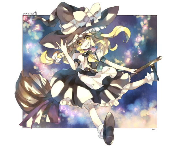 kiris, kirisame marisa, touhou, bad id, bad pixiv id, 1girl, blonde hair, braid, broom, female focus, hat, short hair, solo, witch, witch hat, yellow eyes