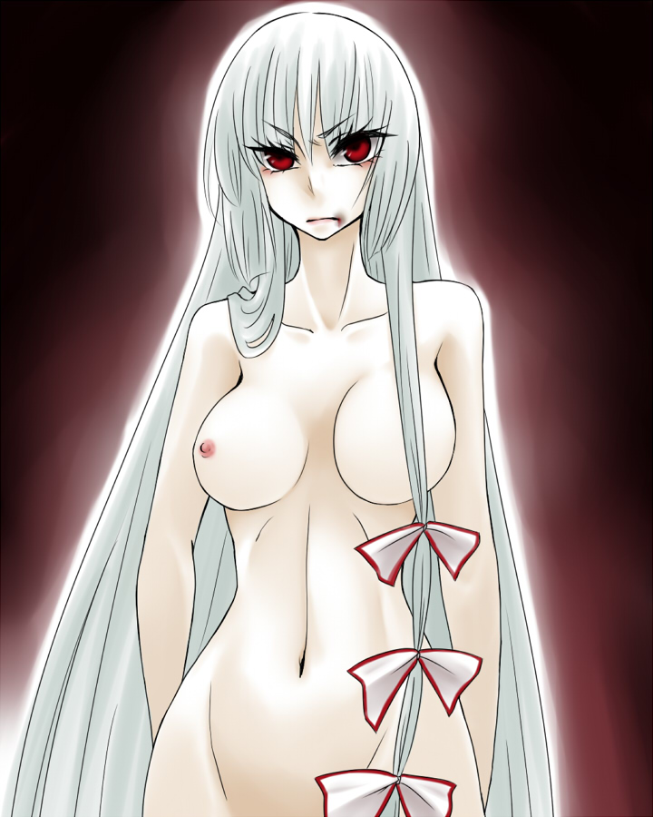 shimizu kokeshi, fujiwara no mokou, touhou, silver hair, 1girl, breasts, female focus, groin, hair ribbon, large breasts, long hair, nipples, nude, red eyes, ribbon, small nipples, solo