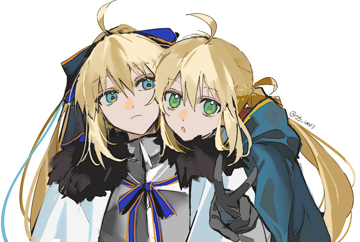 ss un17, aesc (fate), aesc (savior) (fate), artoria caster (fate), artoria caster (second ascension) (fate), artoria pendragon (fate), fate/grand order, fate (series), commentary, english commentary, 2girls, ahoge, armor, black fur, black gloves, blonde hair, blue cape, blue cloak, blue eyes, bow, breastplate, cape, capelet, cloak, fur-trimmed cloak, fur trim, gloves, green eyes, hair bow, head on another's shoulder, hood, hooded cape, hooded capelet, long hair, looking at another, looking at viewer, multiple girls, ponytail, sidelocks, spiked armor, spikes, twintails, v, white background, white cape, white cloak