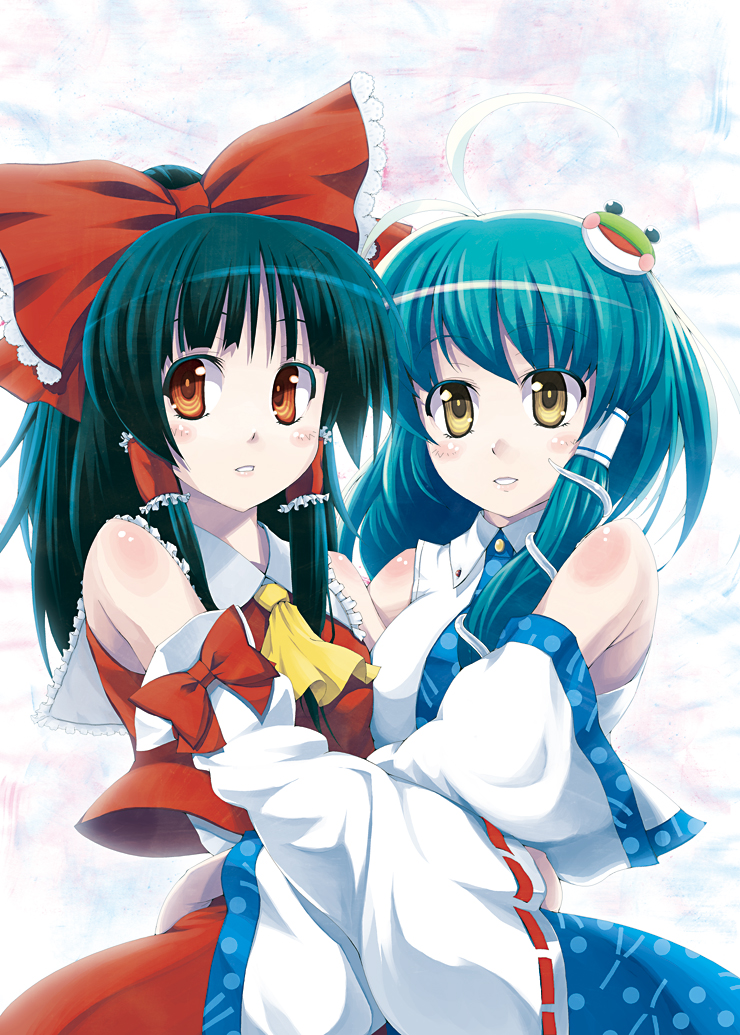 kabayaki unagi, hakurei reimu, kochiya sanae, touhou, bad id, bad pixiv id, 2girls, ahoge, ascot, blouse, blunt bangs, bow, collared shirt, detached sleeves, eyelashes, female focus, frilled hair tubes, frills, frog, green hair, hair ornament, hair tubes, japanese clothes, miko, multiple girls, red eyes, shirt, short hair, white shirt, yellow ascot, yellow eyes