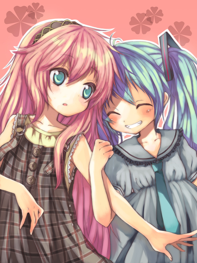 miya (tsumazukanai), hatsune miku, megurine luka, vocaloid, plaid, bad id, bad pixiv id, 2girls, aged down, child, dress, multiple girls, necktie, sailor dress