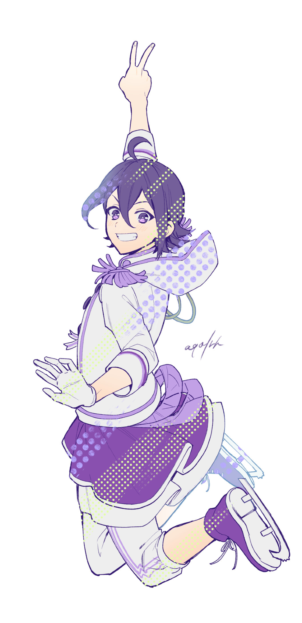 akua, suzuno yuu, pretty rhythm, pretty series, commentary request, highres, 1boy, arm up, epaulettes, full body, gloves, grin, ice skates, jacket, jumping, king of prism, long sleeves, looking at viewer, male focus, pants, purple eyes, purple hair, short hair, simple background, single glove, skates, smile, solo, v, white background, white gloves, white jacket, white pants