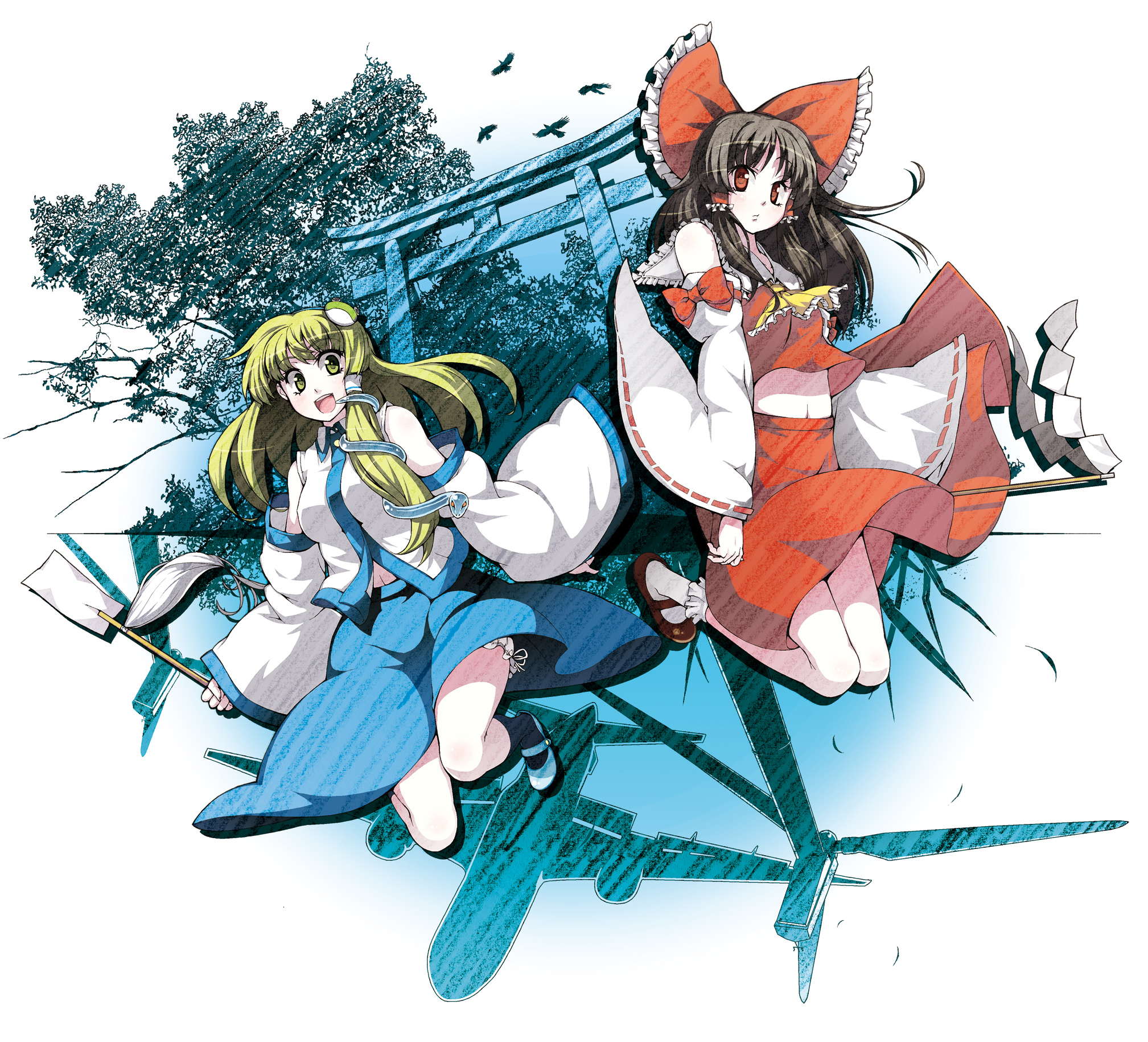 kabayaki unagi, hakurei reimu, kochiya sanae, touhou, bad id, bad pixiv id, highres, 2girls, aircraft, airplane, bow, brown hair, detached sleeves, female focus, frog, gohei, green eyes, green hair, japanese clothes, mary janes, midriff, miko, multiple girls, navel, red eyes, shoes, short hair, silhouette, snake, torii, wind turbine, windmill