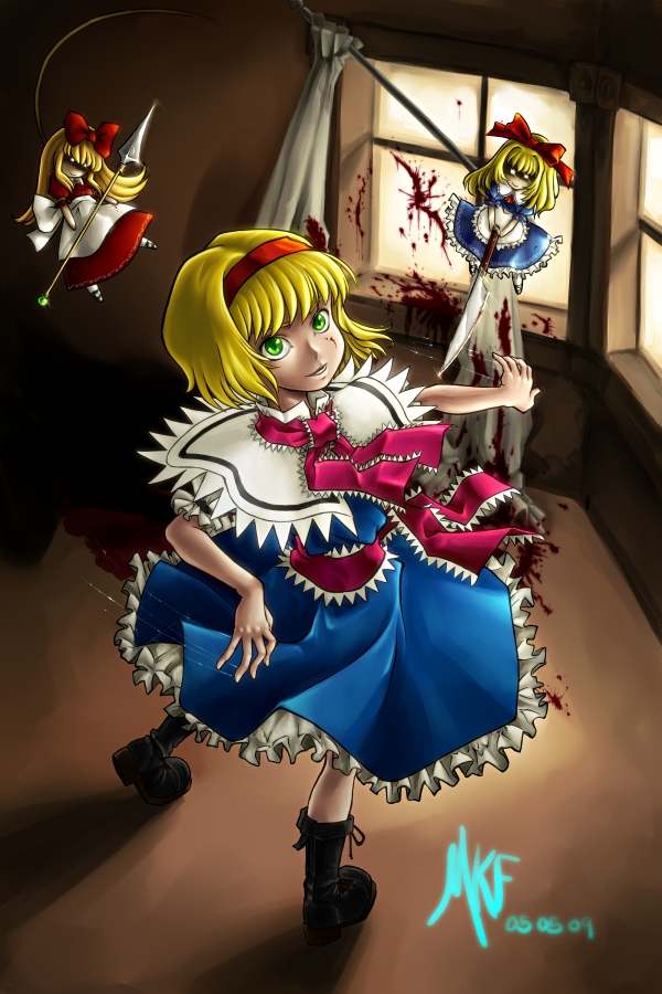 madkoifish, alice margatroid, hourai, hourai doll, shanghai, shanghai doll, touhou, blonde hair, blood, boots, doll, green eyes, hairband, knife, polearm, short hair, spear, string, weapon
