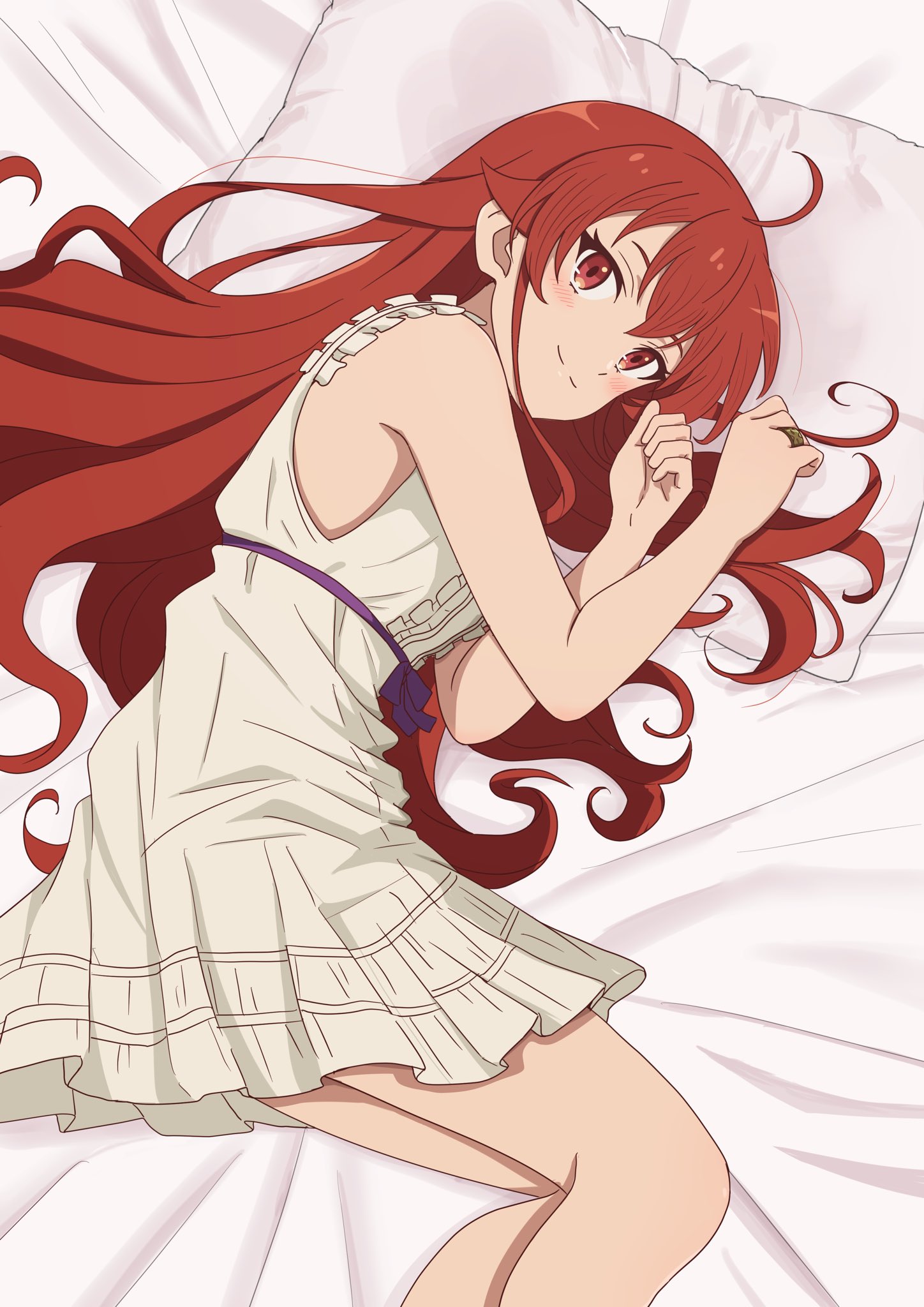 yaken (11keionnota06), eris greyrat, mushoku tensei, commentary, highres, 1girl, ahoge, bare shoulders, bed sheet, blush, camisole, chemise, closed mouth, feet out of frame, from above, long hair, looking at viewer, lying, official alternate costume, on side, pillow, red eyes, red hair, smile, solo, white camisole, white chemise