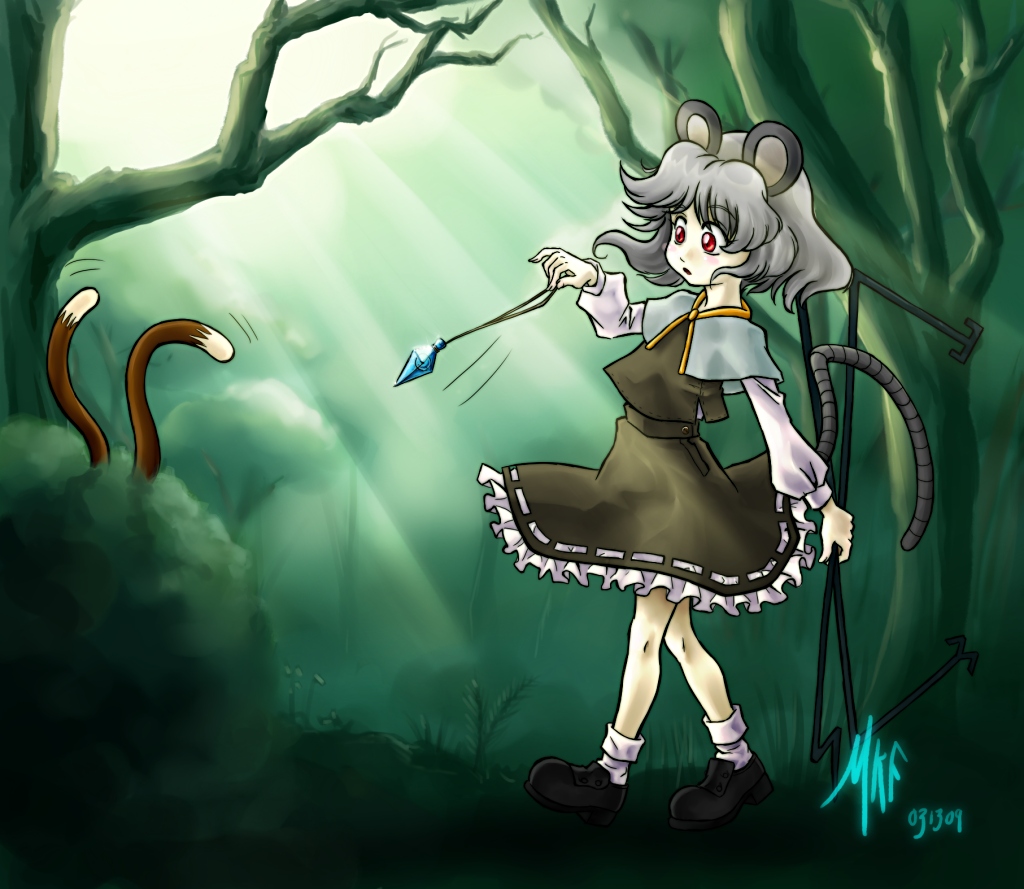madkoifish, chen, nazrin, touhou, animal ears, cat tail, forest, grey hair, jewelry, mouse ears, mouse tail, multiple tails, nature, pendant, red eyes, short hair, tail