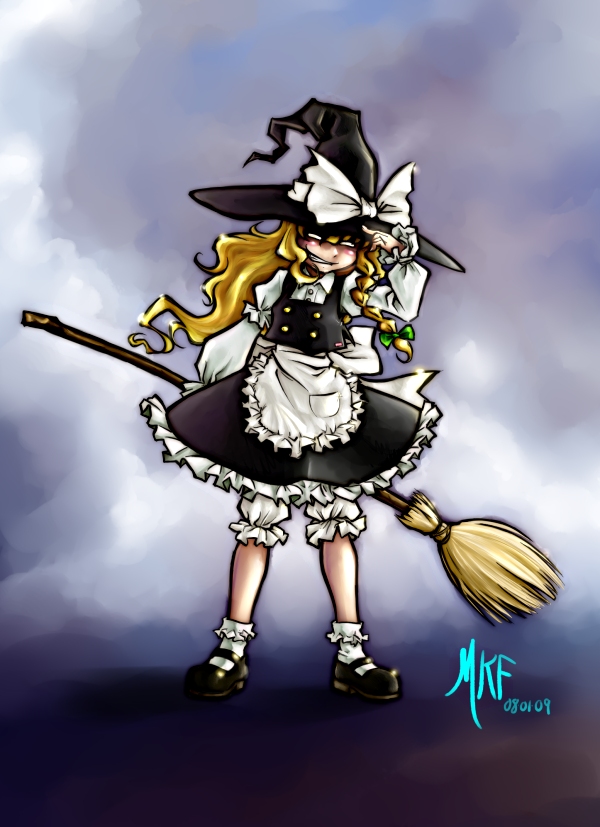 madkoifish, kirisame marisa, touhou, blonde hair, braid, broom, grin, hat, long hair, mary janes, shoes, smile, solo, witch hat