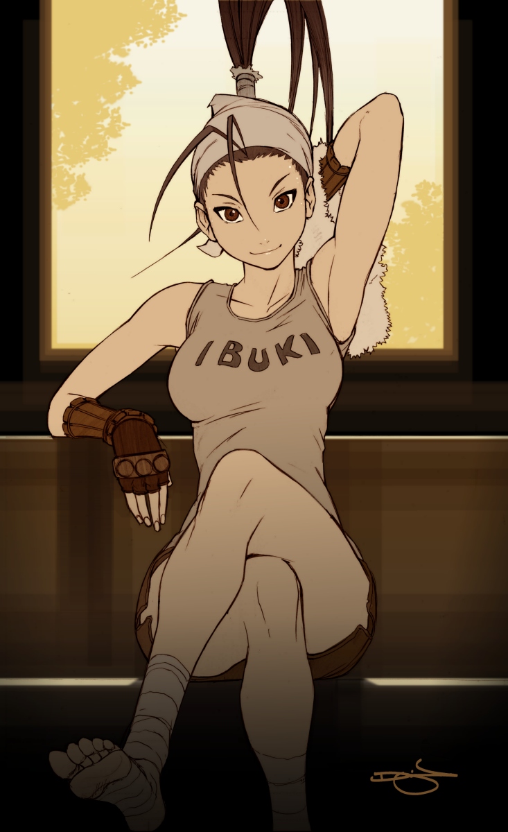 omar dogan, ibuki (street fighter), capcom, street fighter, street fighter iii (series), highres, ankle wrap, armpits, bandages, barefoot, breasts, casual, crossed legs, feet, fingerless gloves, gloves, large breasts, narrow waist, ninja, ponytail, shirt, shorts, signature, sitting, smile, solo, tank top, toeless legwear, towel