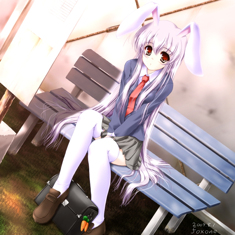 erakurenai, foxone2009, natsuki (foxone), reisen udongein inaba, touhou, bad id, bad pixiv id, 1girl, animal ears, bench, blazer, female focus, jacket, loafers, long hair, necktie, pleated skirt, purple hair, rabbit ears, red eyes, red necktie, shoes, skirt, solo, thighhighs, very long hair, white thighhighs