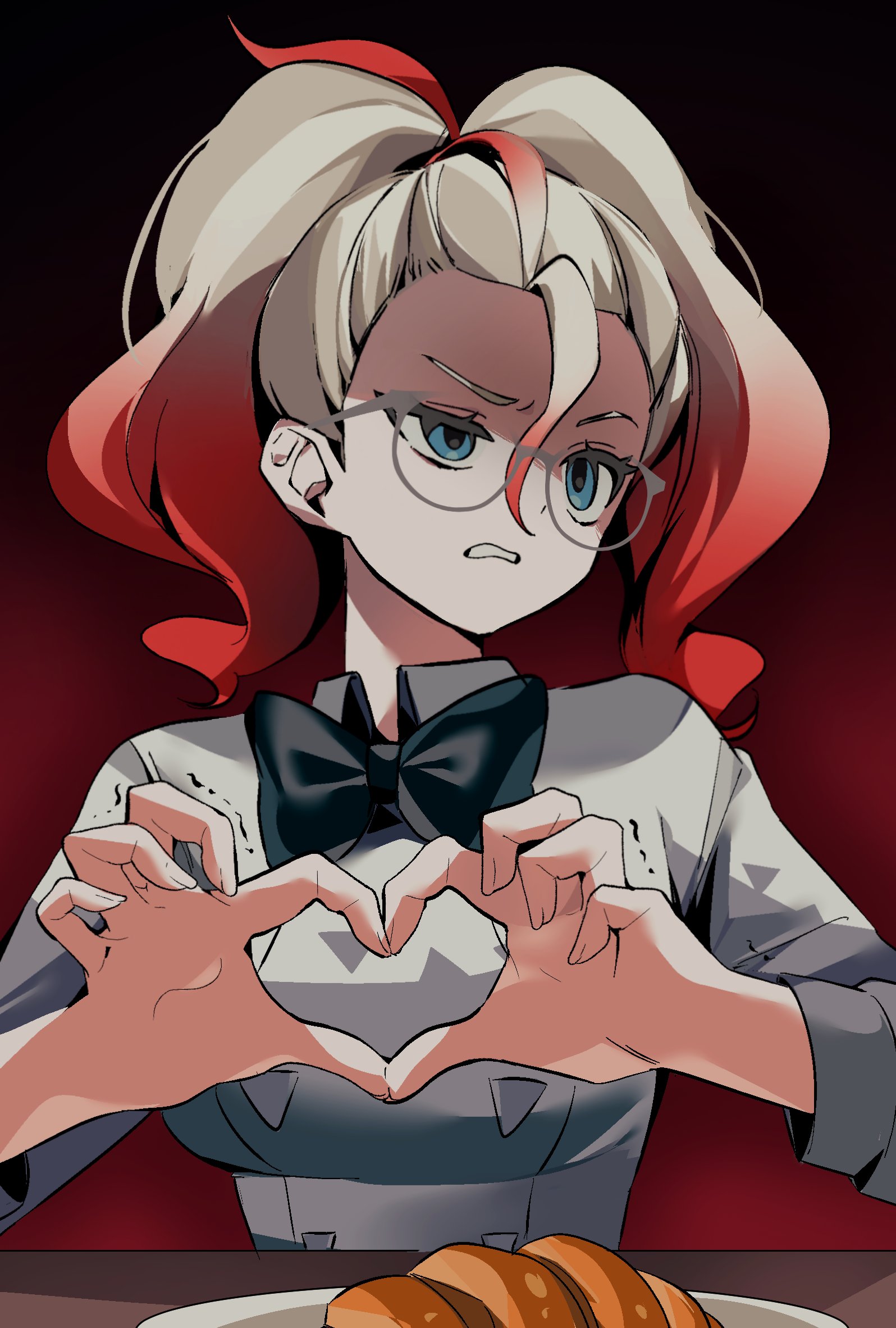 ebi (shrimp eleven), griselle (pokemon), nintendo, pokemon, pokemon legends: z-a, highres, 1girl, black bow, black bowtie, blue eyes, bow, bowtie, breasts, croissant, food, four-finger heart hands, glasses, gradient hair, hair pulled back, heart, heart hands, medium breasts, multicolored hair, orange hair, parted lips, plate, ponytail, red hair, shirt, split ponytail, two-tone hair, upper body, white-framed eyewear, white hair, white shirt