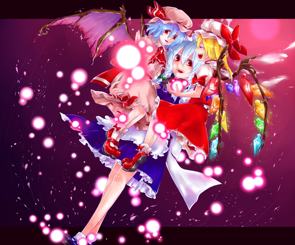 minato usagi, flandre scarlet, izayoi sakuya, remilia scarlet, embodiment of scarlet devil, touhou, silver hair, 3girls, bat wings, blonde hair, blue hair, braid, carrying, female focus, gradient background, hat, maid, mary janes, multiple girls, outdoors, ponytail, red eyes, shoes, short hair, side ponytail, skirt, sky, twin braids, wings