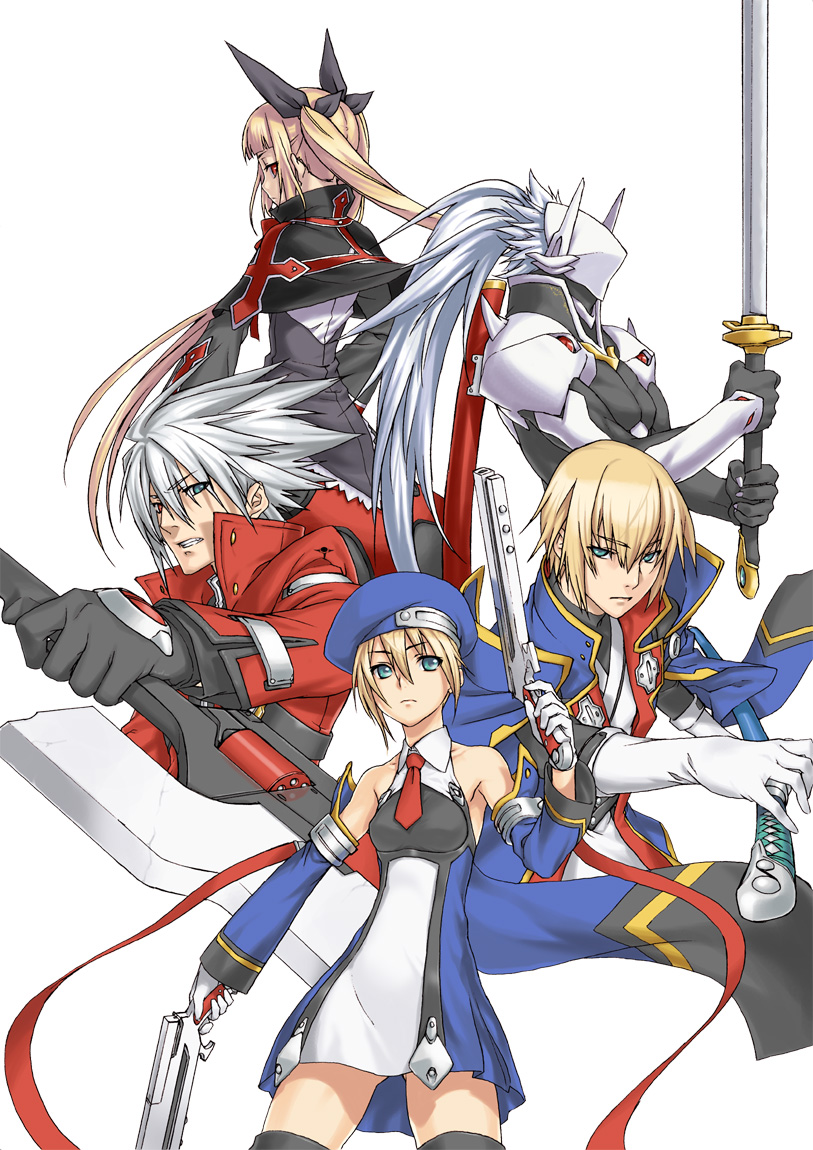 212 (kisaragi), hakumen, kisaragi jin, noel vermillion, rachel alucard, ragna the bloodedge, arc system works, blazblue, blazblue: calamity trigger, uniform, 2boys, 2girls, armor, beret, blonde hair, detached sleeves, everyone, fighting stance, foreshortening, gloves, green eyes, gun, hat, heterochromia, long hair, looking back, mask, multiple boys, multiple girls, necktie, ready to draw, red eyes, ribbon, short hair, simple background, sword, thighhighs, twintails, weapon, white hair, zettai ryouiki