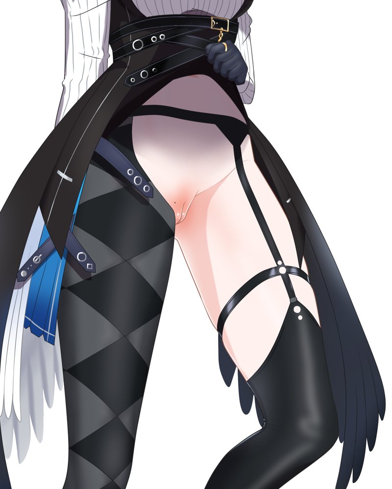 rayos, nerissa ravencroft, holoadvent, hololive, hololive english, 1girl, argyle clothes, asymmetrical legwear, belt, black garter belt, black gloves, black pantyhose, black thighhighs, breasts, cleft of venus, clothes lift, clothing cutout, garter belt, gloves, groin, head out of frame, large breasts, lifting own clothes, long sleeves, lower body, mismatched legwear, mole, navel, no panties, pantyhose, pussy, ribbed shirt, shirt, simple background, single leg pantyhose, single thighhigh, skirt, skirt lift, solo, striped clothes, striped shirt, thigh strap, thighhighs, thighs, virtual youtuber, white background