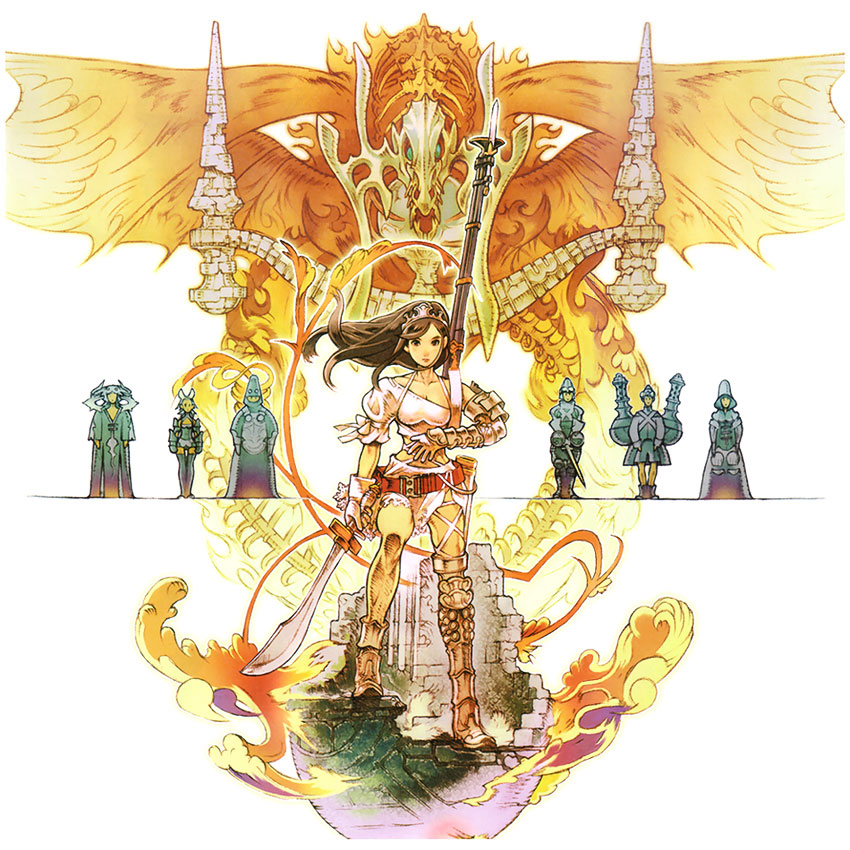 minaba hideo, yoshida akihiko, aisha (ash), archaic sealed heat, ash (game), official art, 1girl, armor, belt, crown, dragon, fantasy, female focus, gun, lace, long hair, solo, standing, sword, weapon