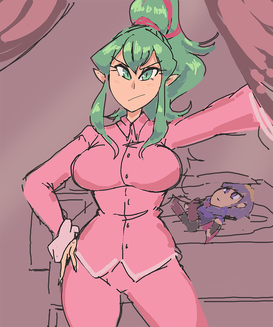 davewaterfalls, marth (fire emblem), tiki (adult) (fire emblem), tiki (fire emblem), fire emblem, fire emblem awakening, nintendo, 1girl, bed, bed curtain, blush, breasts, dragon girl, green eyes, green hair, hand on own hip, large breasts, looking at viewer, pajamas, pointy ears, ponytail, solo, stuffed toy