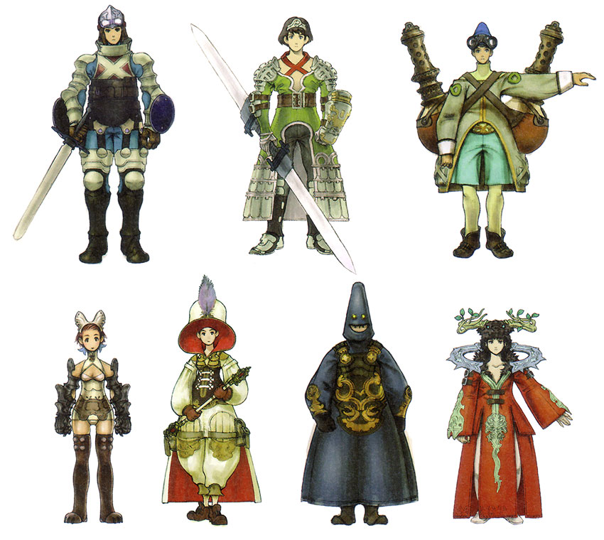 minaba hideo, battler, black mage (final fantasy), white mage (final fantasy), archaic sealed heat, ash (game), armor, classes, itemer, knight, long sword, monster mage, simple background, stealer, sword, weapon, white background, witch