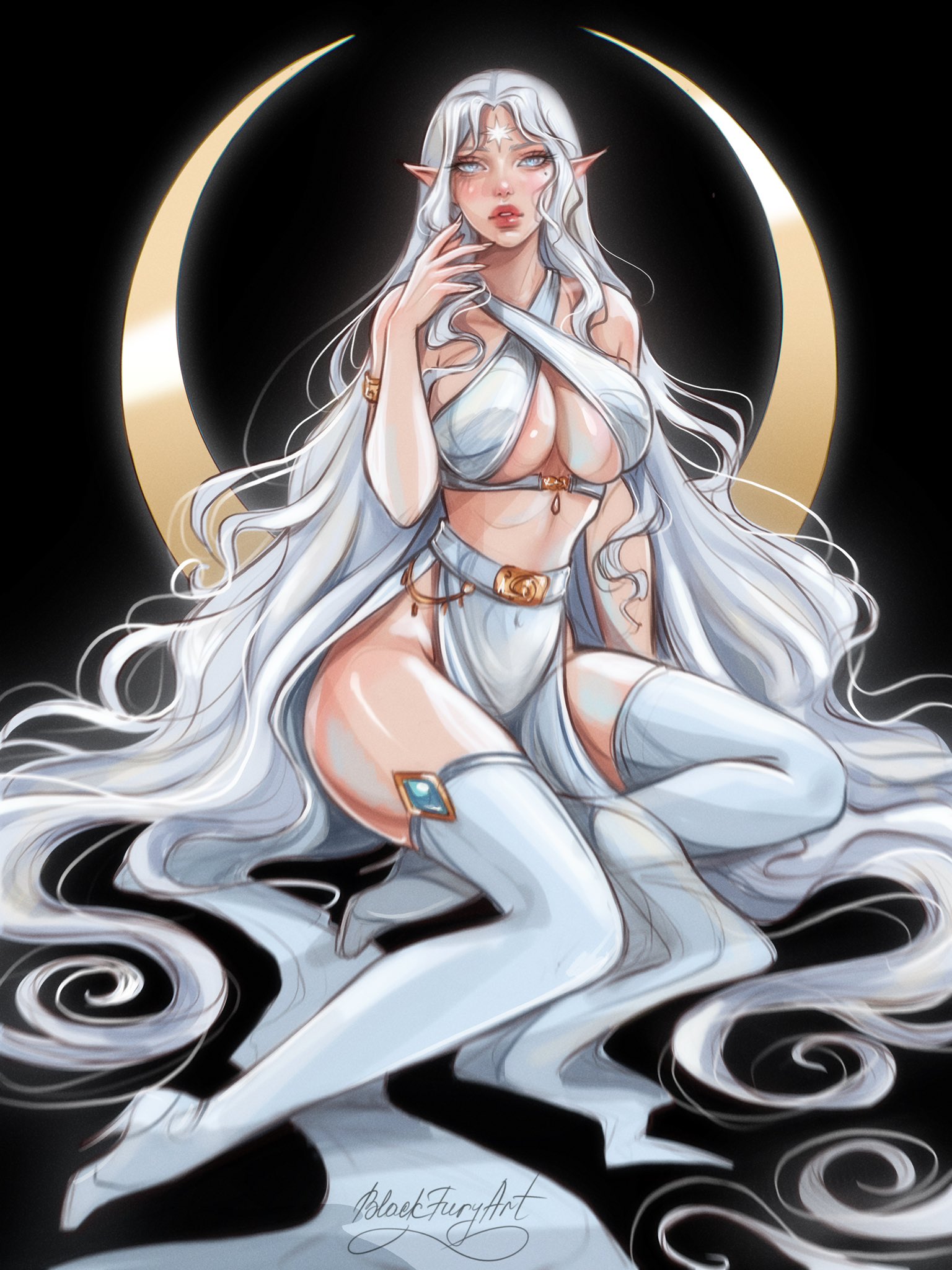 blackfuryart, original, gold armlet, commentary, english commentary, highres, 1girl, armlet, artist name, black background, blue eyes, blush, boots, breasts, clothing cutout, crescent, elf, floating hair, full body, hand up, high heels, jewelry, lips, long hair, looking at viewer, mole, mole under eye, parted lips, pelvic curtain, pointy ears, revealing clothes, shiny skin, sitting, solo, thick lips, thigh boots, thighhighs, underboob, very long hair, white thighhighs