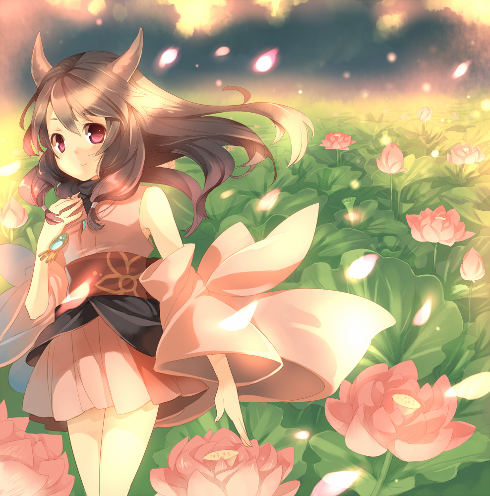 hanokage, naga (staygarden), ryuujin naga, 1girl, brown hair, detached sleeves, female focus, flower, horns, nature, outdoors, petals, red eyes, sky, smile, solo, wind