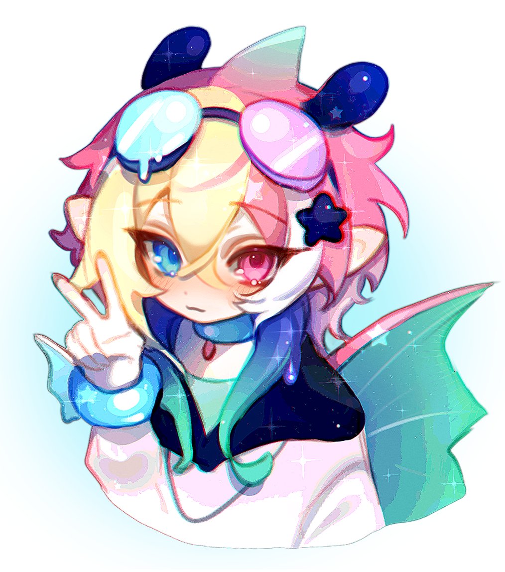 cloud (lufaeris), original, commentary, 1girl, animal ears, blonde hair, blue eyes, blush, closed mouth, cropped torso, crossed bangs, double-parted bangs, fins, fish girl, goggles, goggles on head, hair between eyes, hand up, head fins, hood, hood down, hoodie, long sleeves, looking at viewer, medium hair, pink eyes, pink hair, pointy ears, simple background, solo, v, white background, white hoodie