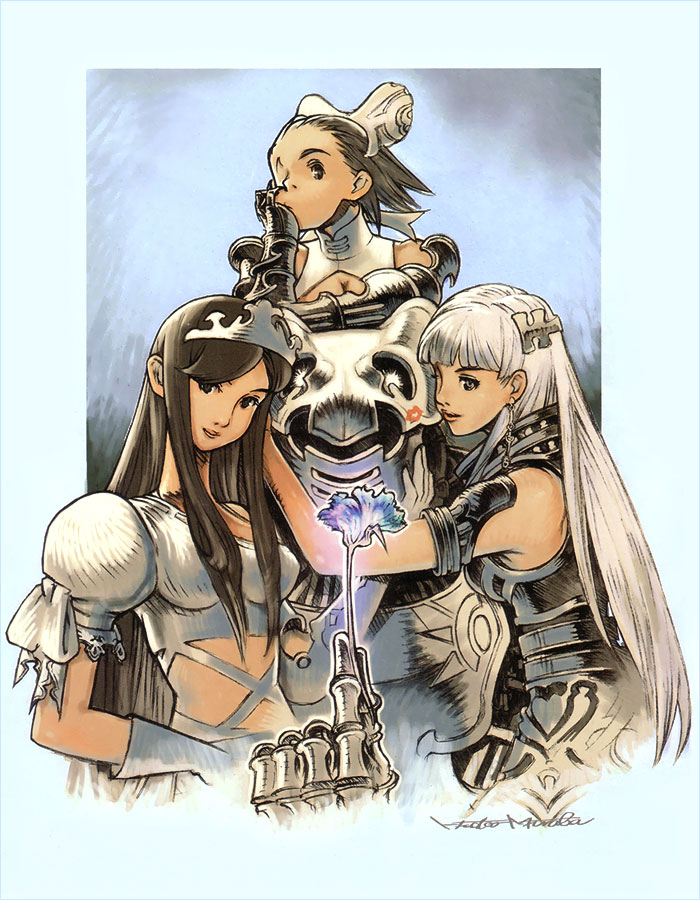 minaba hideo, yoshida akihiko, aisha (ash), archaic sealed heat, ash (game), official art, armor, everyone, head rest, long hair, maritie, short hair, stealer