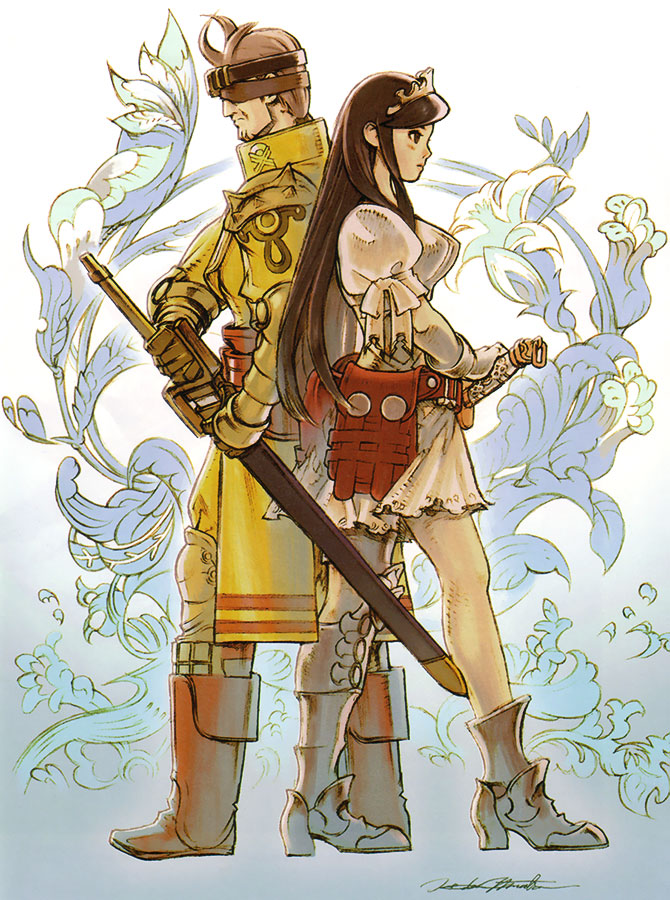 minaba hideo, yoshida akihiko, aisha (ash), archaic sealed heat, ash (game), official art, armor, asymmetrical footwear, back-to-back, boots, bullnequ, facial hair, fighting stance, flourish, from side, frown, gradient background, holding, holding sword, holding weapon, knight, long hair, mismatched footwear, pauldrons, ready to draw, sheath, sheathed, shoulder armor, standing, stubble, sword, weapon