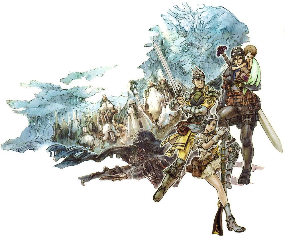 minaba hideo, yoshida akihiko, aisha (ash), archaic sealed heat, ash (game), official art, 2boys, 2girls, armor, child, everyone, goggles, goggles on head, gun, multiple boys, multiple girls, rifle, sword, weapon