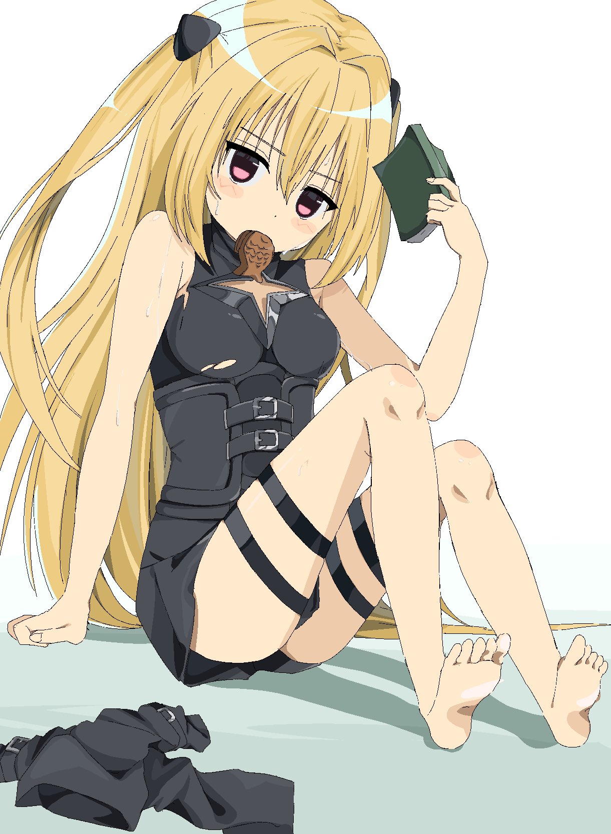 konjiki no yami, to love-ru, hashtag-only commentary, highres, 1girl, bare shoulders, barefoot, blonde hair, breasts, food, food in mouth, hair intakes, hair ornament, holding, long hair, pink eyes, small breasts, solo, taiyaki, thigh strap, two side up, uuuuua07, very long hair, wagashi